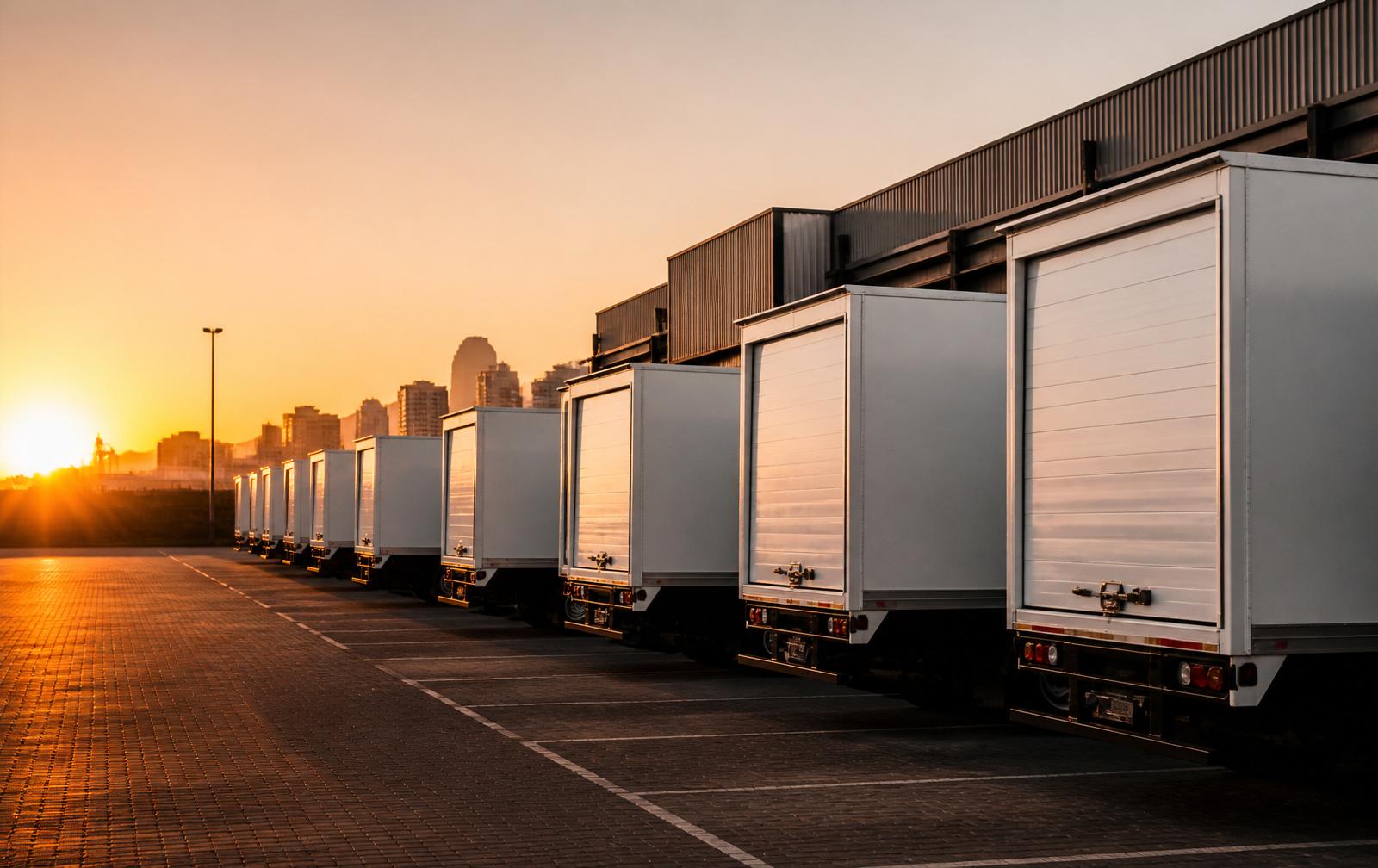 Fleet of freight trucks on a South African highway at golden hour